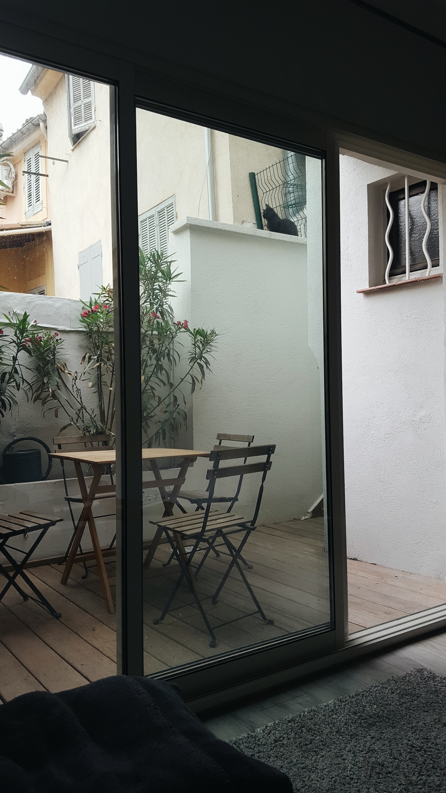 A cat is seen out the Airbnb window in Aix-en-Provence