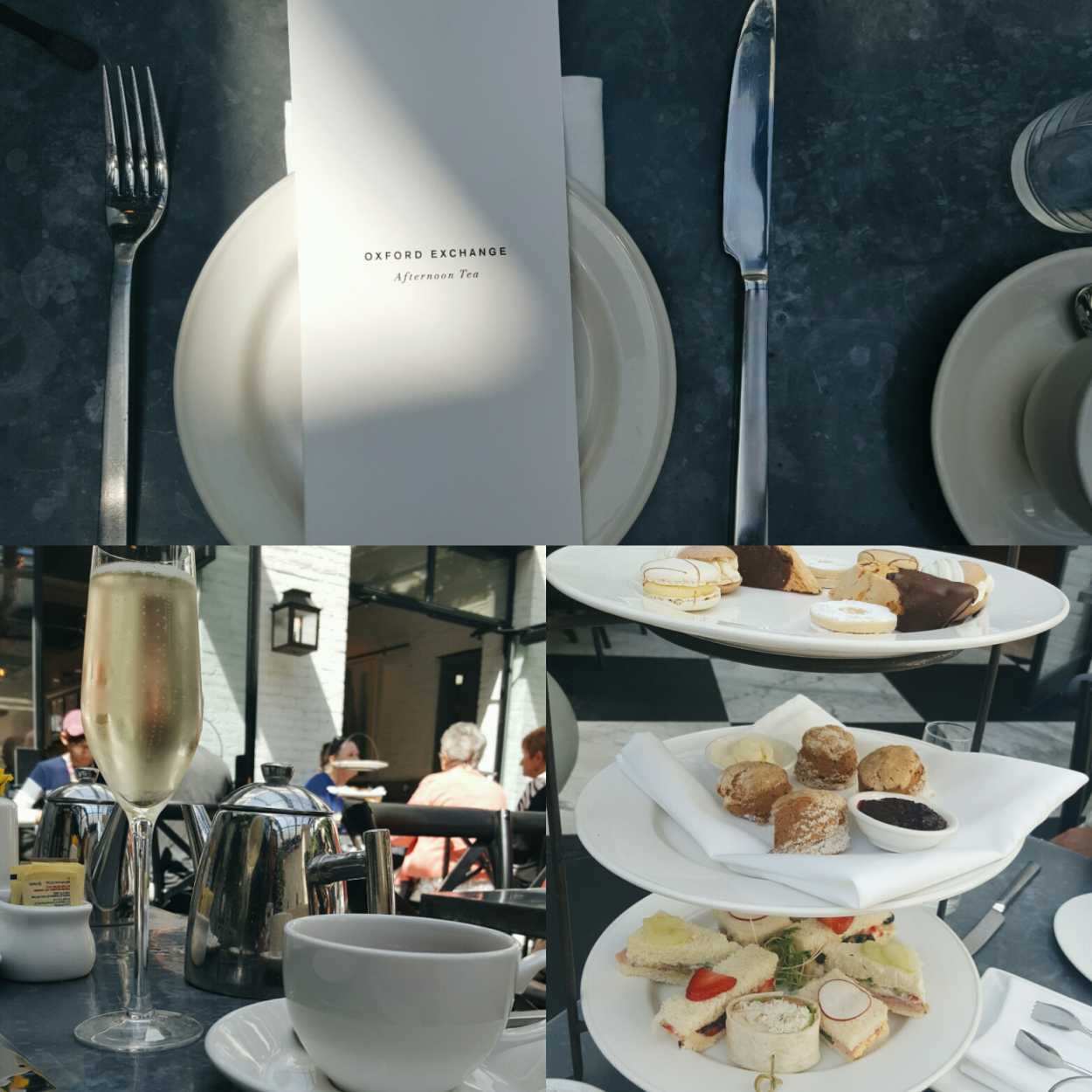Collage of photos of afternoon tea service at Oxford Exchange in Tampa
