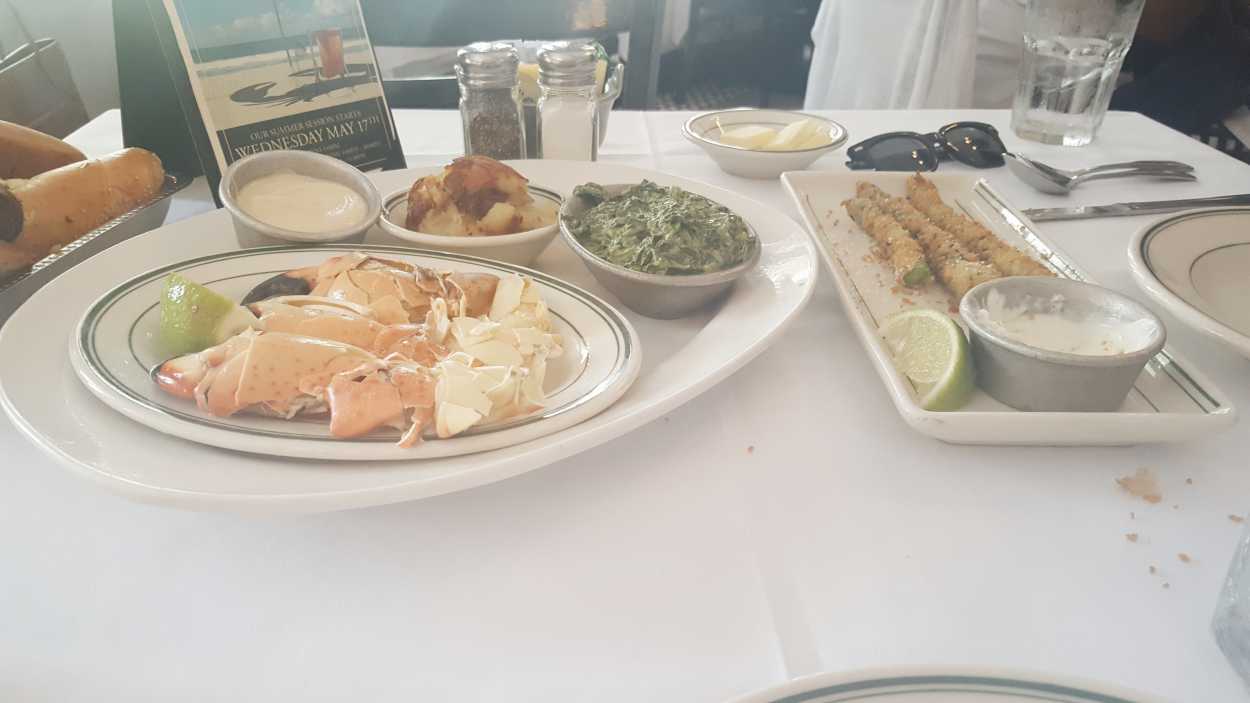 seafood on the table at Joe's Stone Crab in Miami Beach