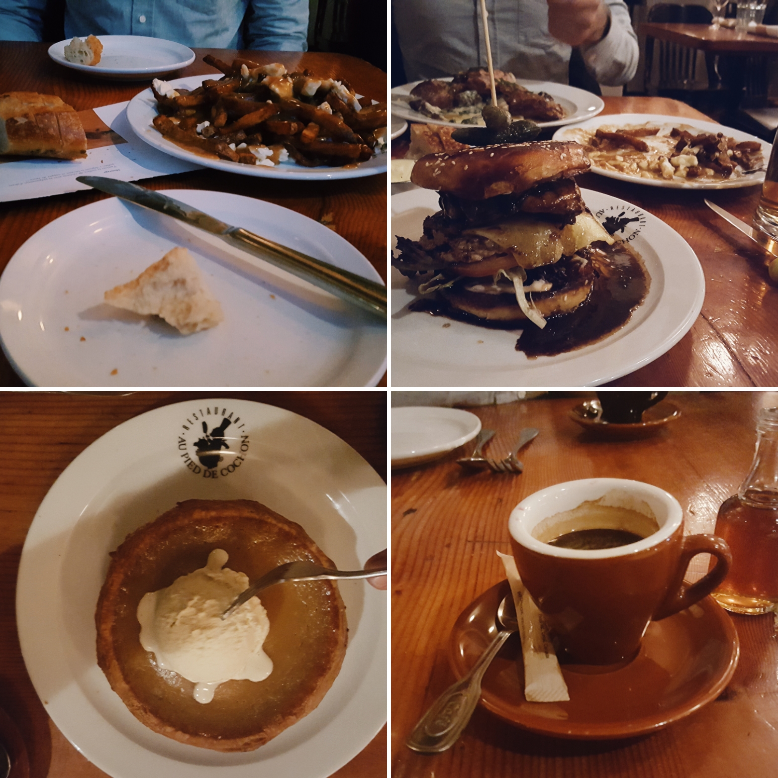 A collage of all dishes ordered at Au Pied de Cochon