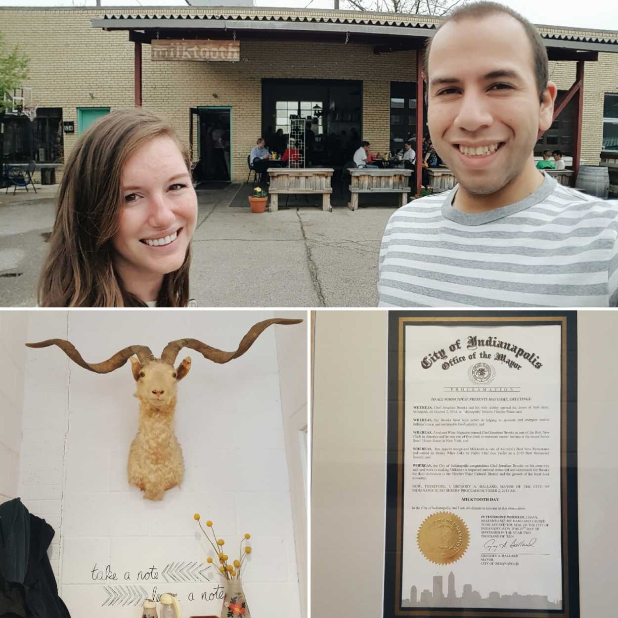 A collage of photos taken at Milktooth: Alyssa and Michael in front, a longhorn sheep head mounted on the wall, and a certificate from the mayor of Indianapolis