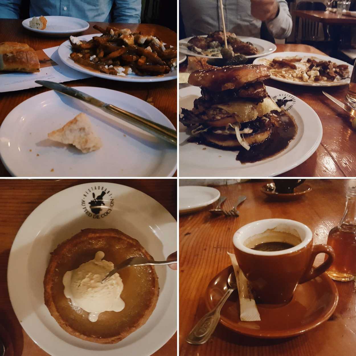 A collage of a meal from Au Pied du Cochon