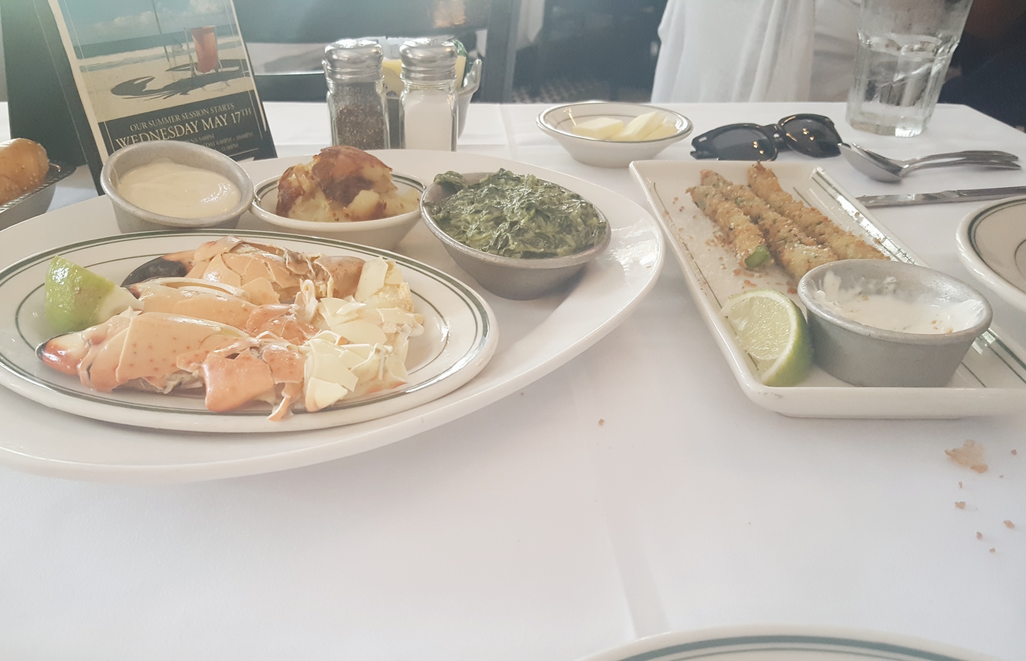 Seafood on the table at Joe's Stone Crab in Miami Beach