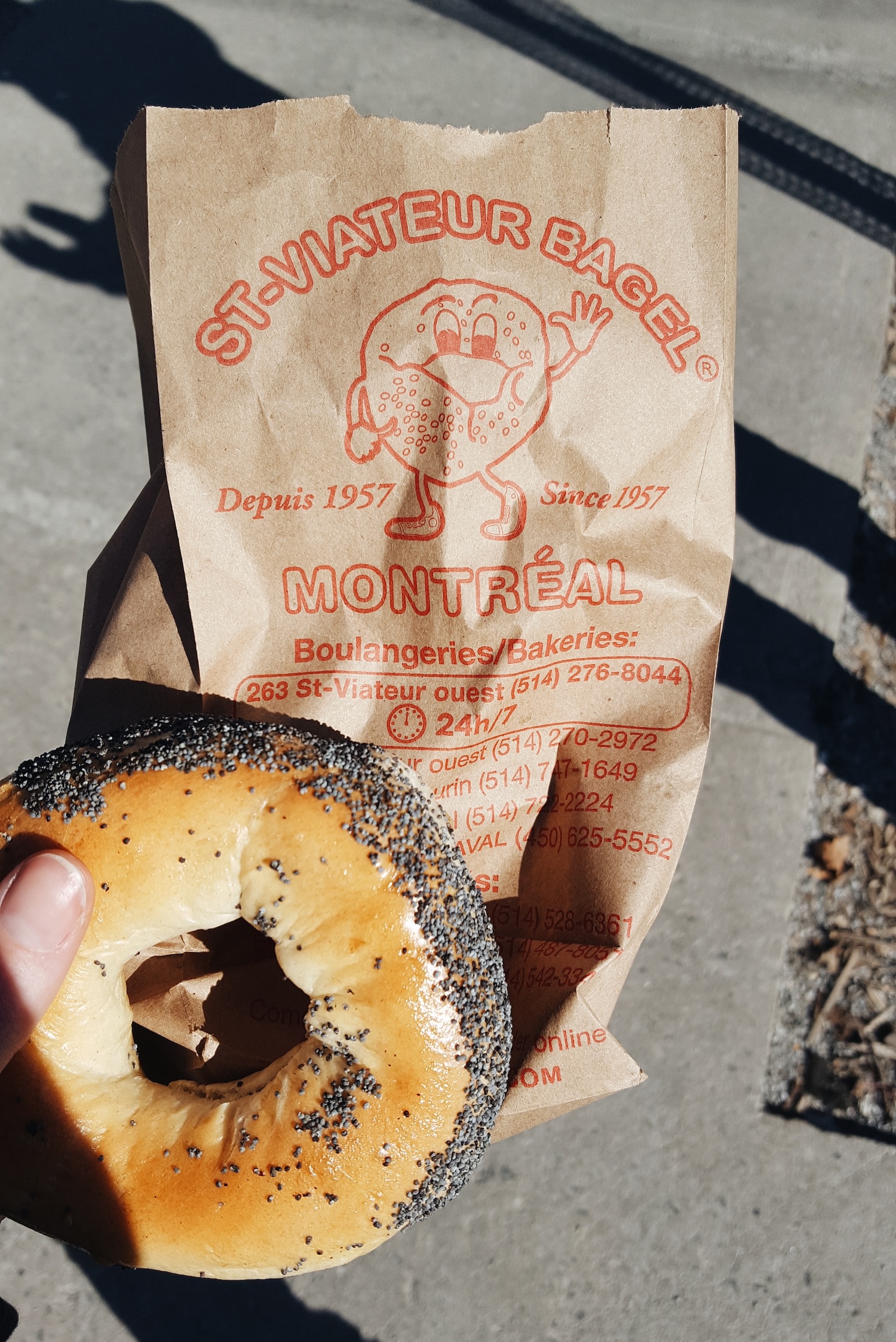 A bagel and the bag from St. Viateur Bagel in Montreal