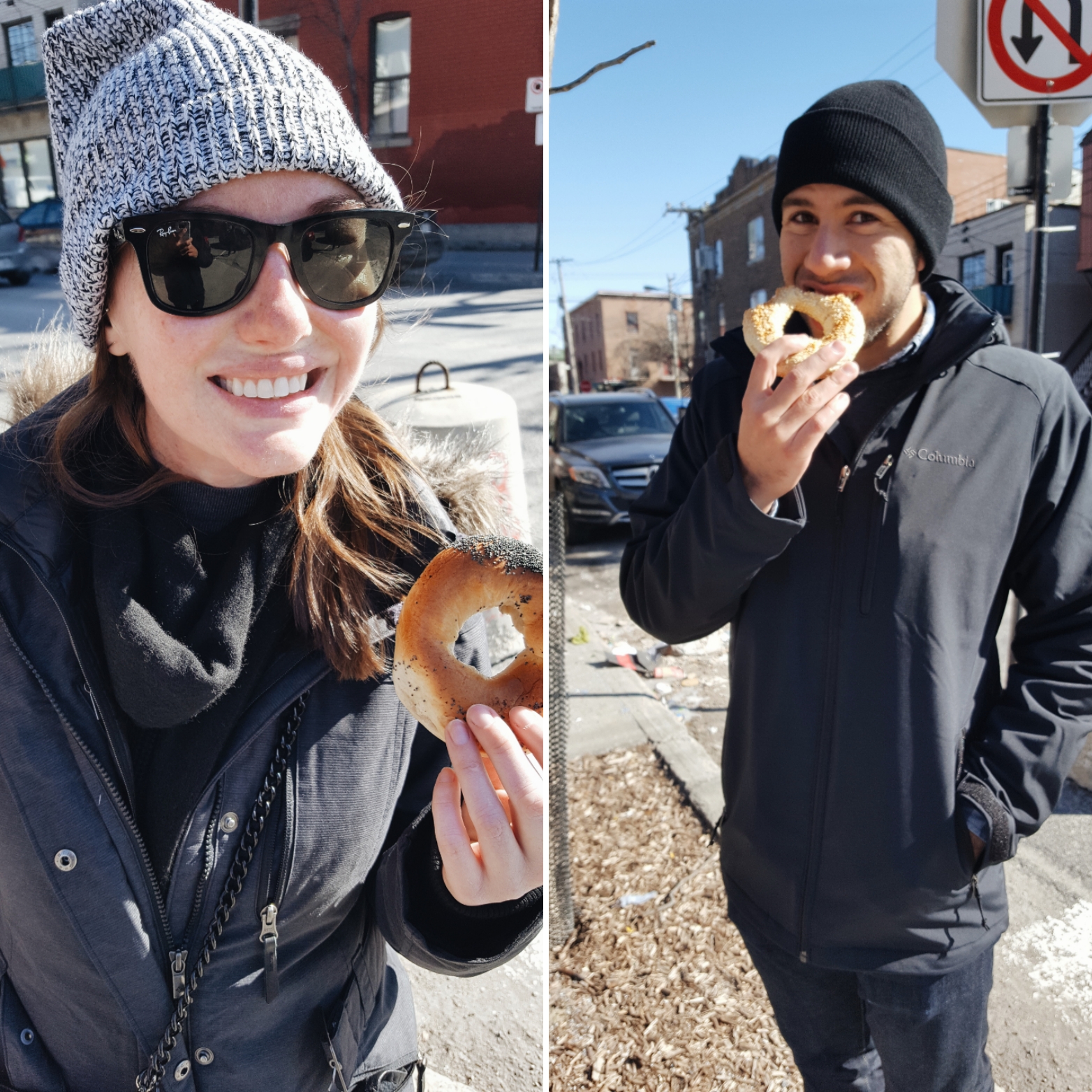 Alyssa and Michael eat bagels on the sidewalk in Montreal