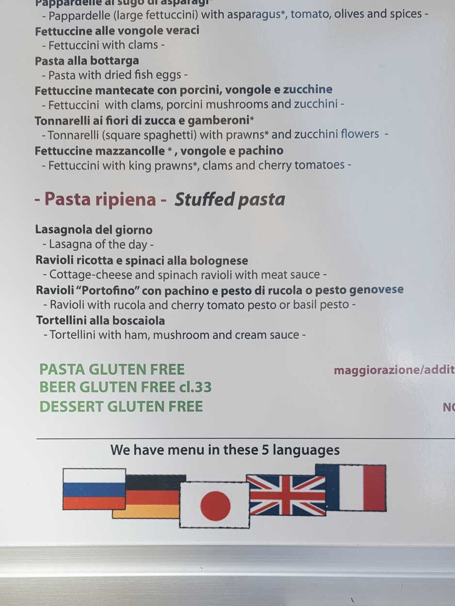 A menu that comes in five languages