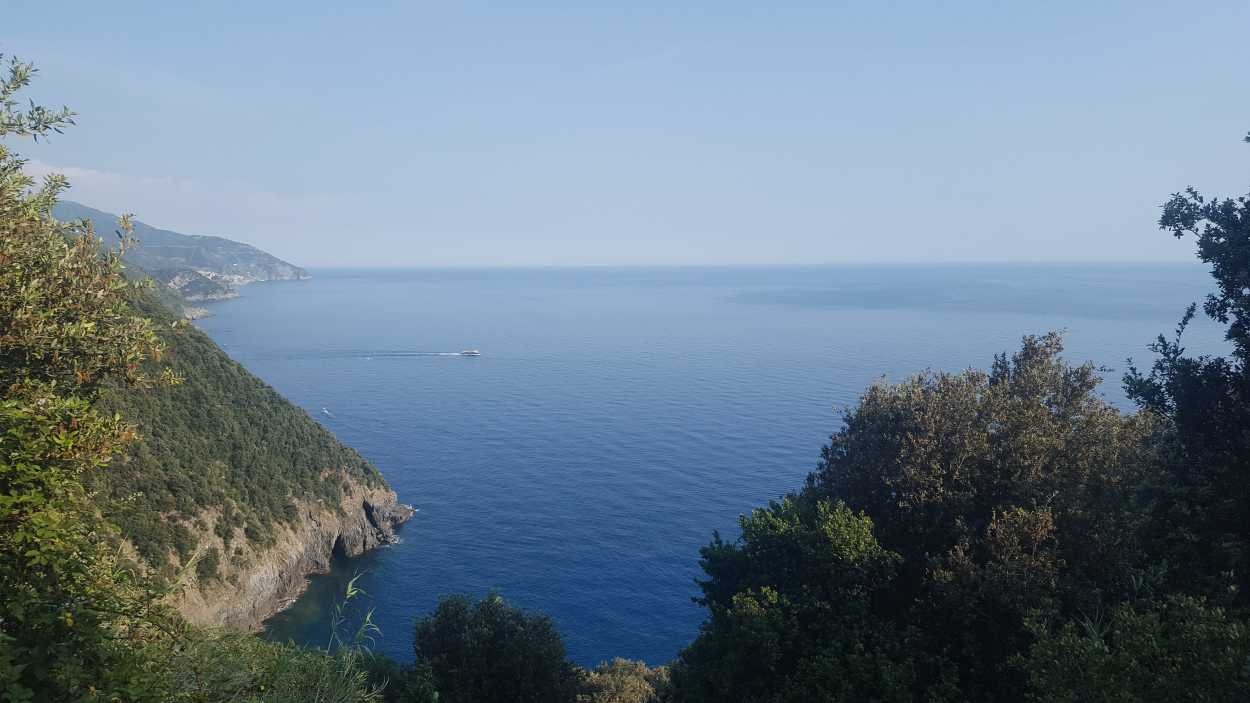 A look down at the very blue sea below