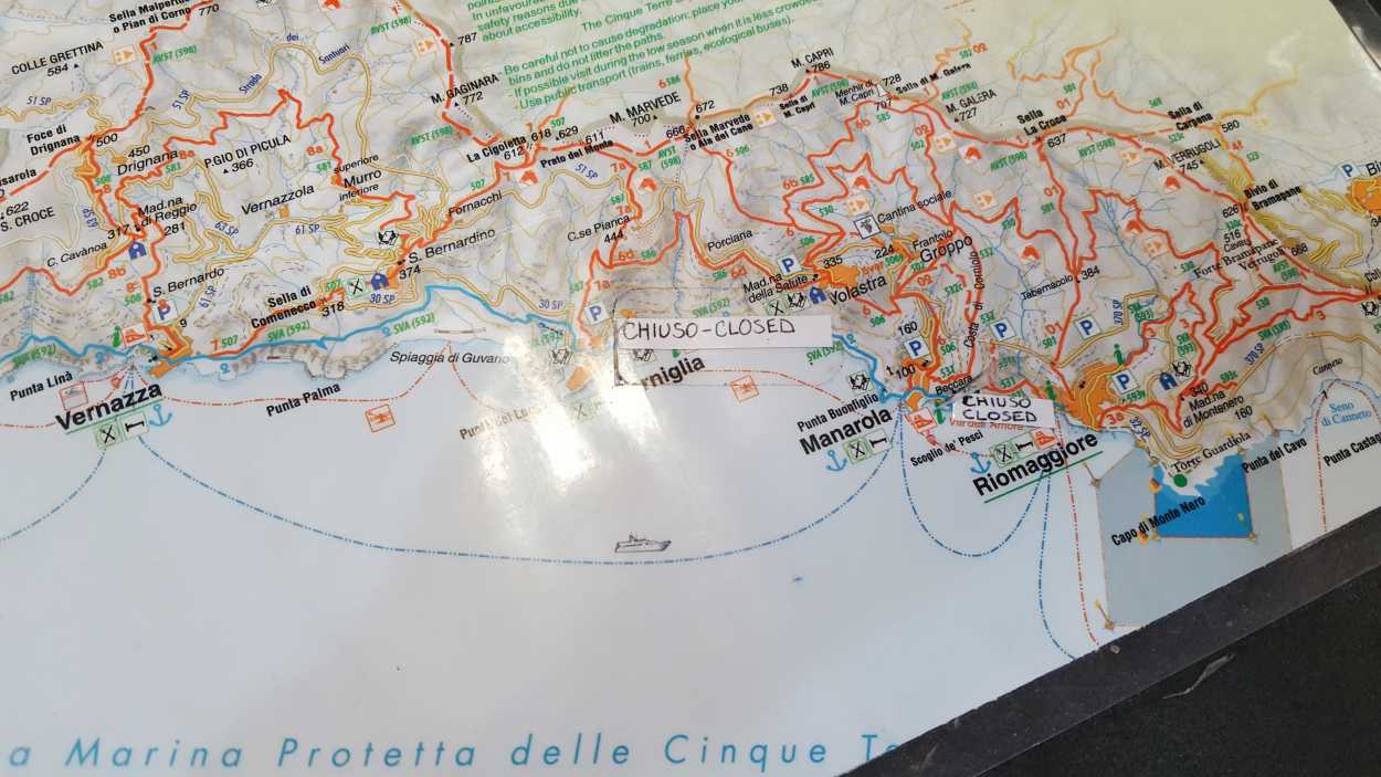 A photo of a map showing a closure along the Cinque Terre hike