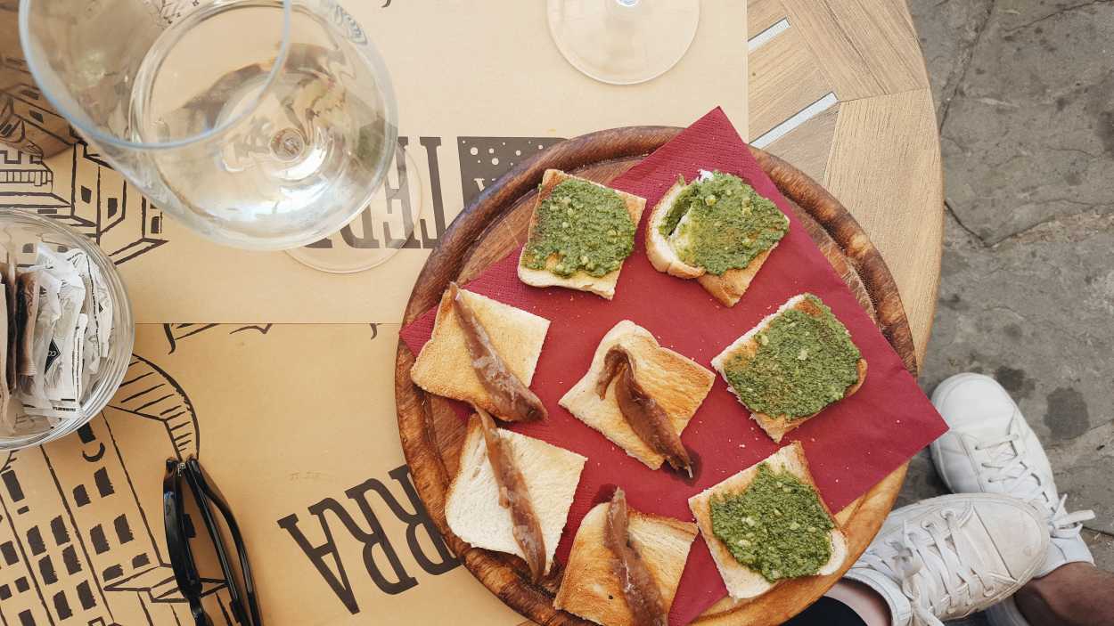 Tiny toasts with anchovies and pesto from Terra Rossa Corniglia