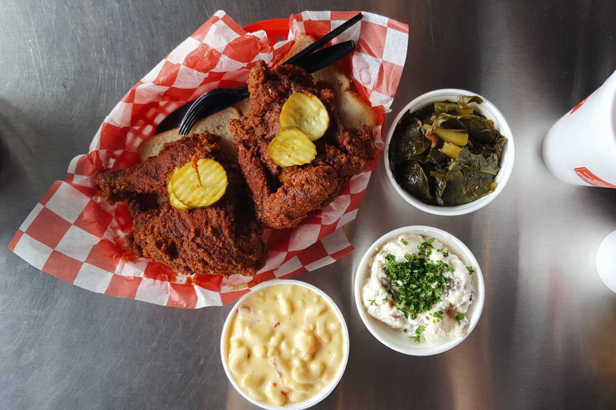 A platter of Nashville Hot Chicken from Hattie B's Hot Chicken