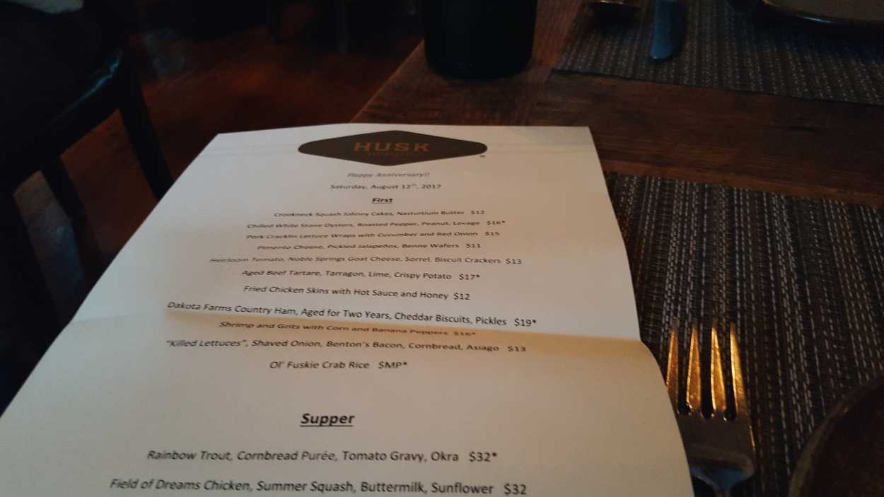 Dinner menu at Husk Nashville