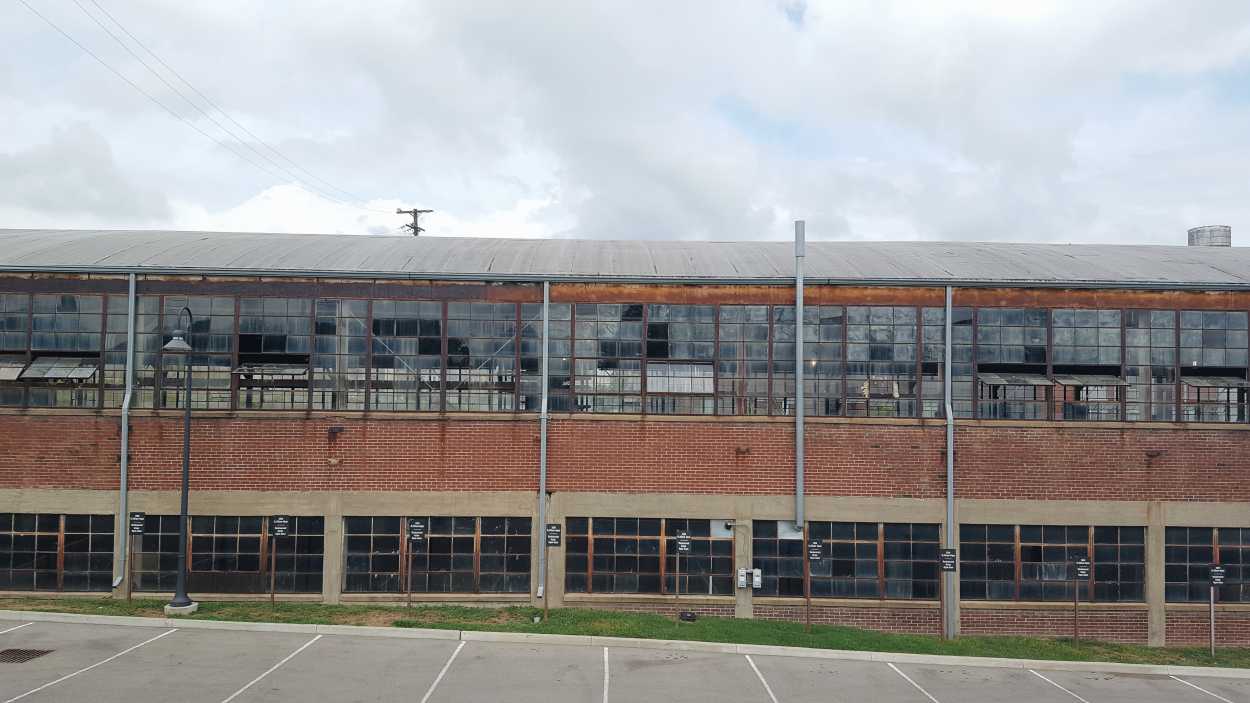 A warehouse with broken windows