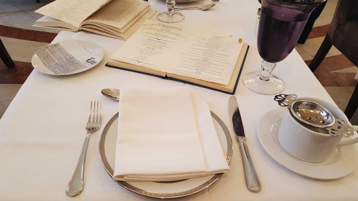 The table set for tea at the Boston Public Library