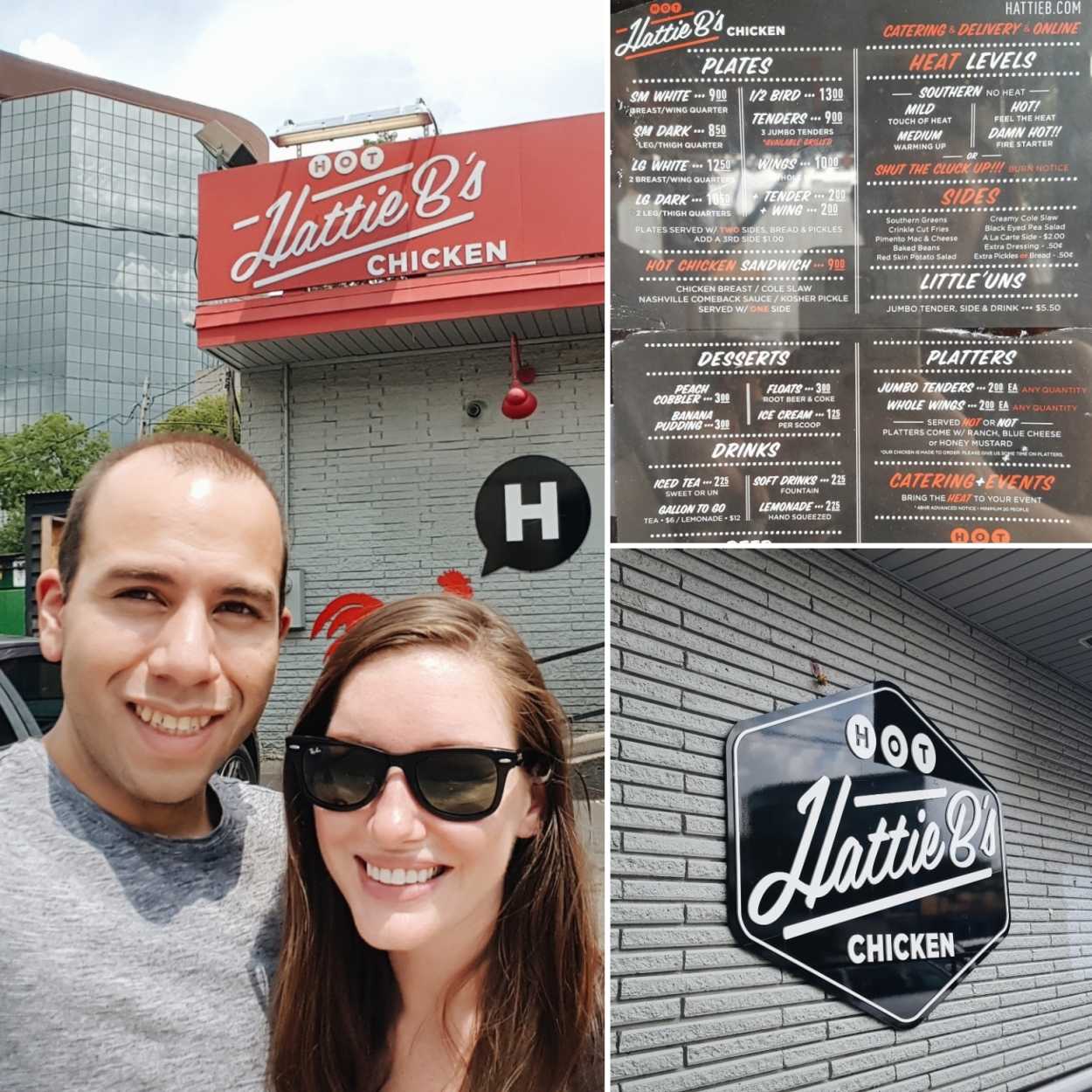 Alyssa and Michael at Hattie B's Hot Chicken, the menu, and the restaurant sign