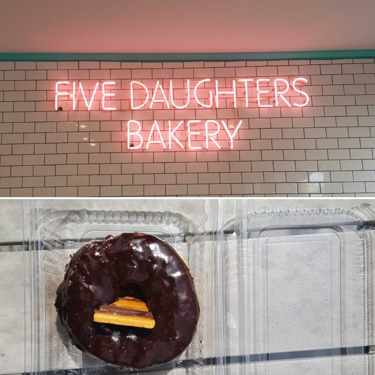 Five Daughters Bakery neon sign and donut