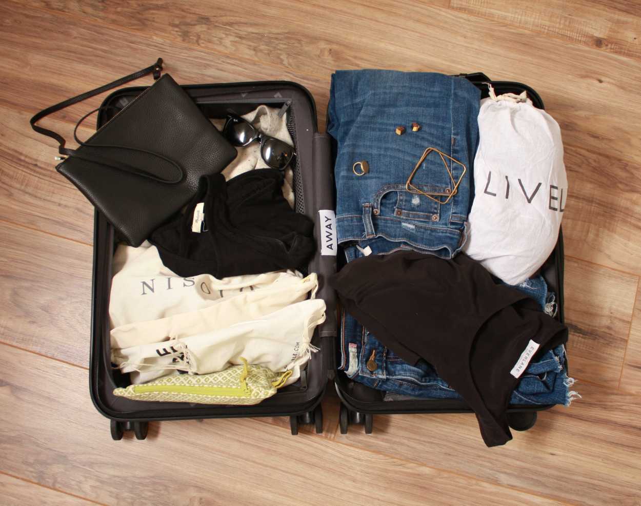 A carry on suitcase with all the clothes packed for a weekend in Nashville