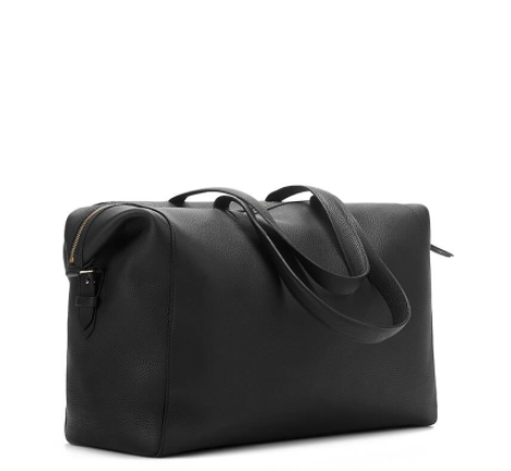 a black leather weekender bag