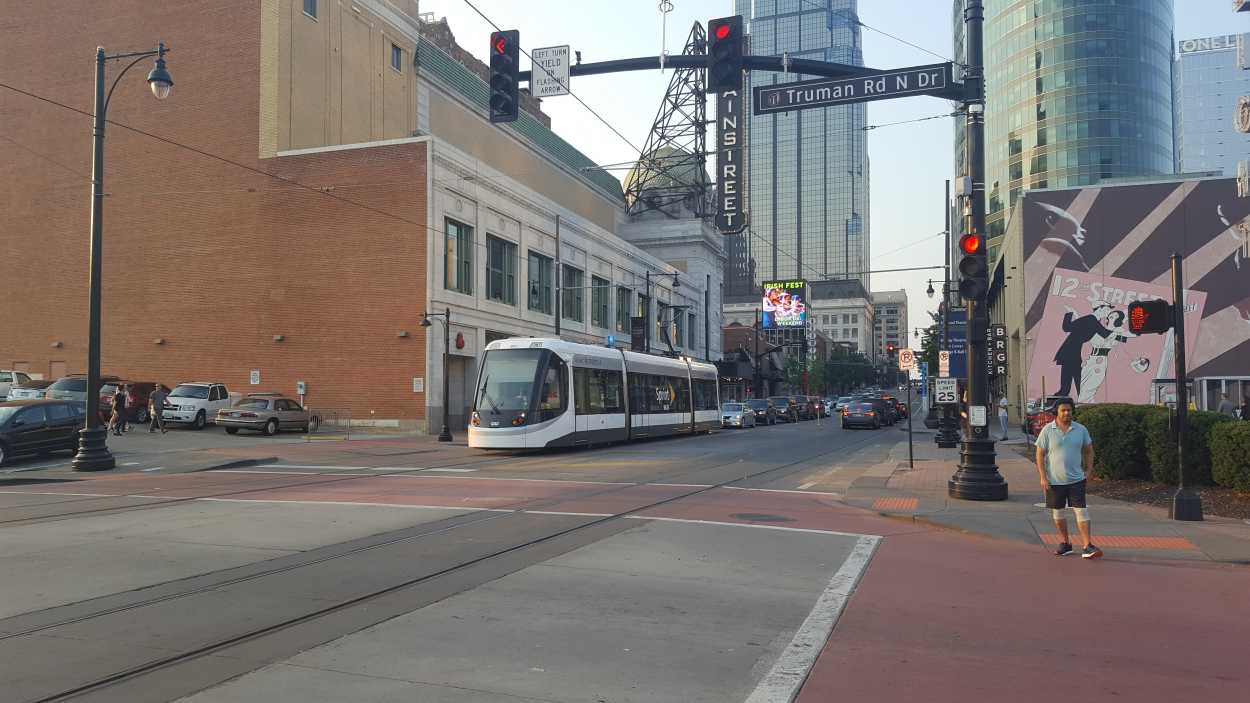 Kansas City shuttlecar runs along a street