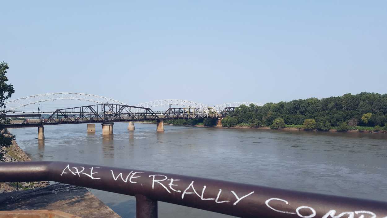 View of a bridge on the Riverwalk Heritage Trail in Kansas City