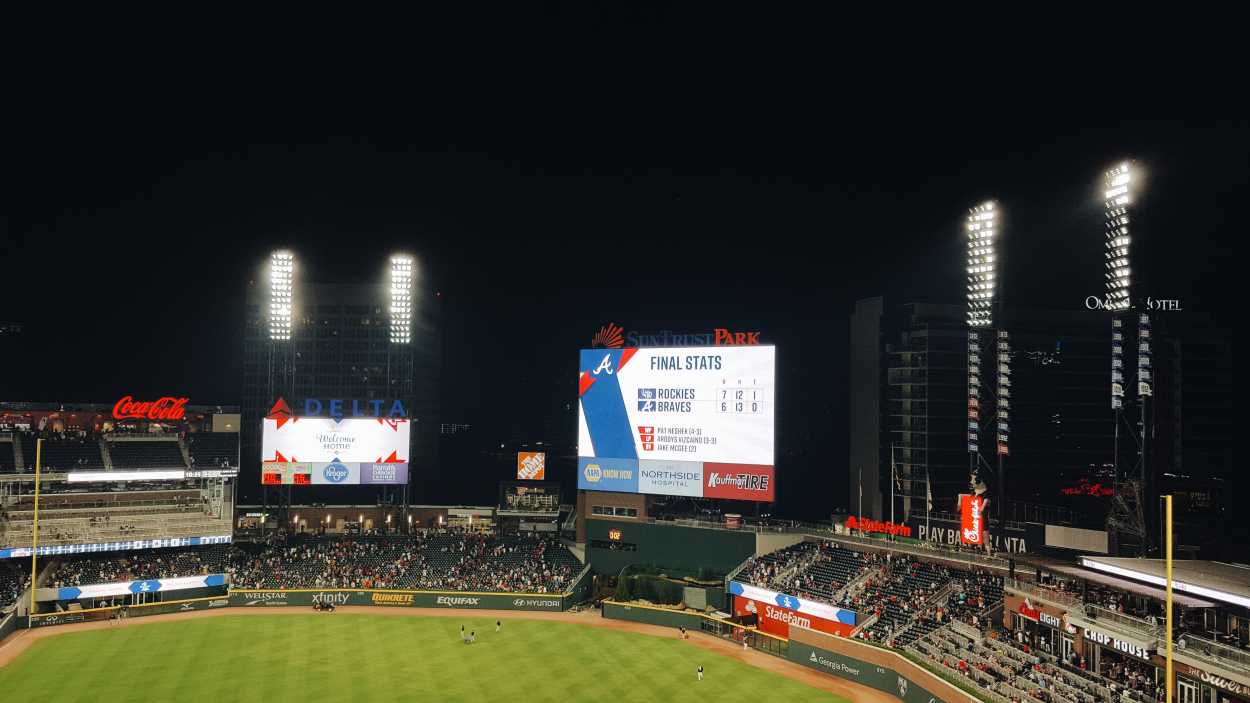 Scoreboard at SunTrust Park at night