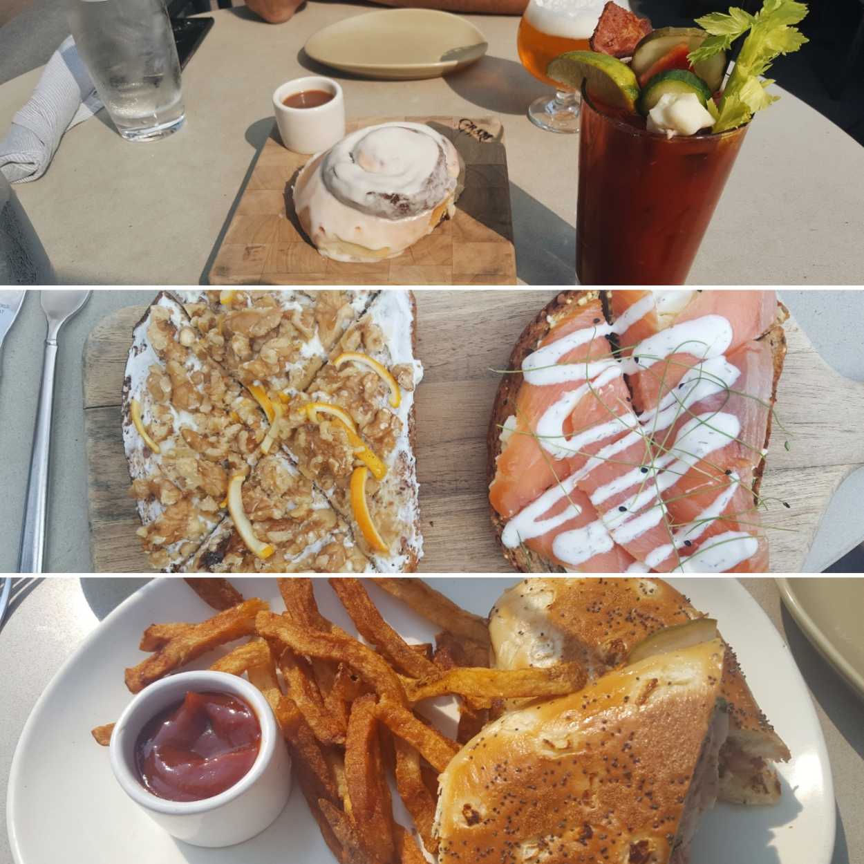 A bloody Mary, cinnamon role, avocado toast, and sandwich