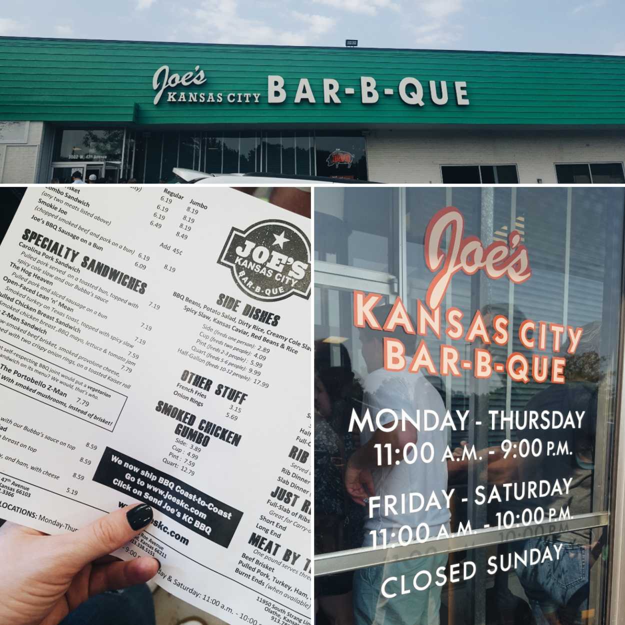 The menu and exterior of Joe's Kansas City Barbeque