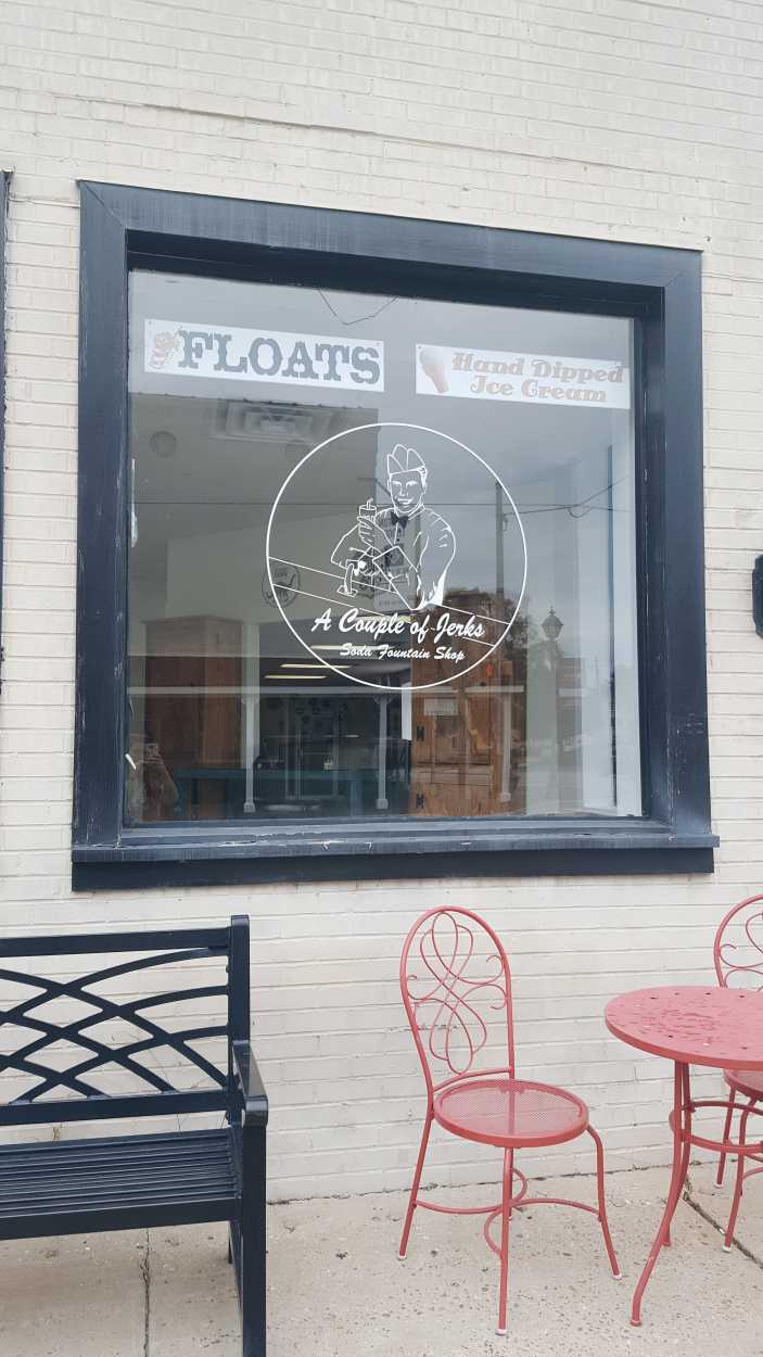 The outside window of A Couple of Jerks Soda Fountain