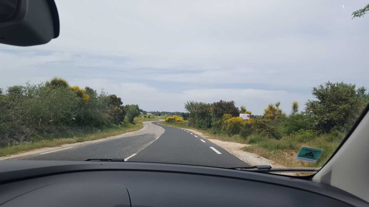 View out a car windshield of a road in the South of France