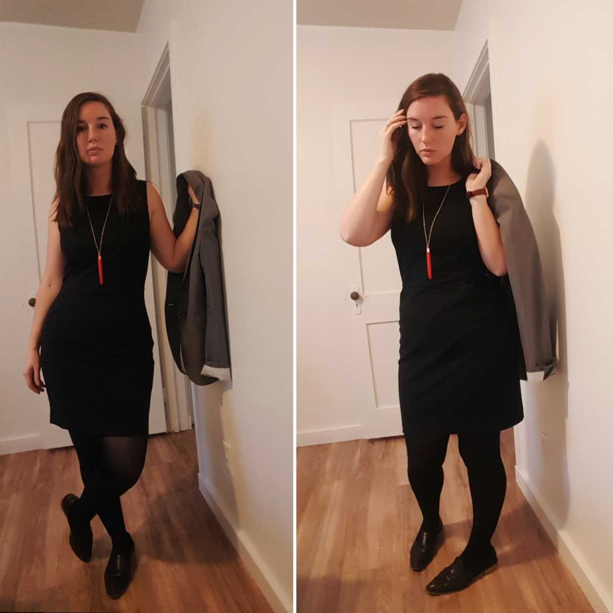 Alyssa wears a black dress, black tights, black shoes, and grey blazer at the end of the day