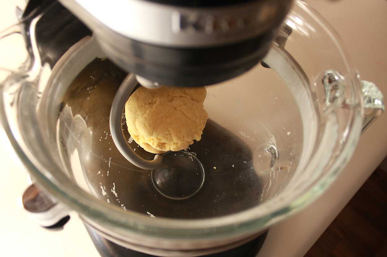 Pasta dough in a Kitchenaid mixer