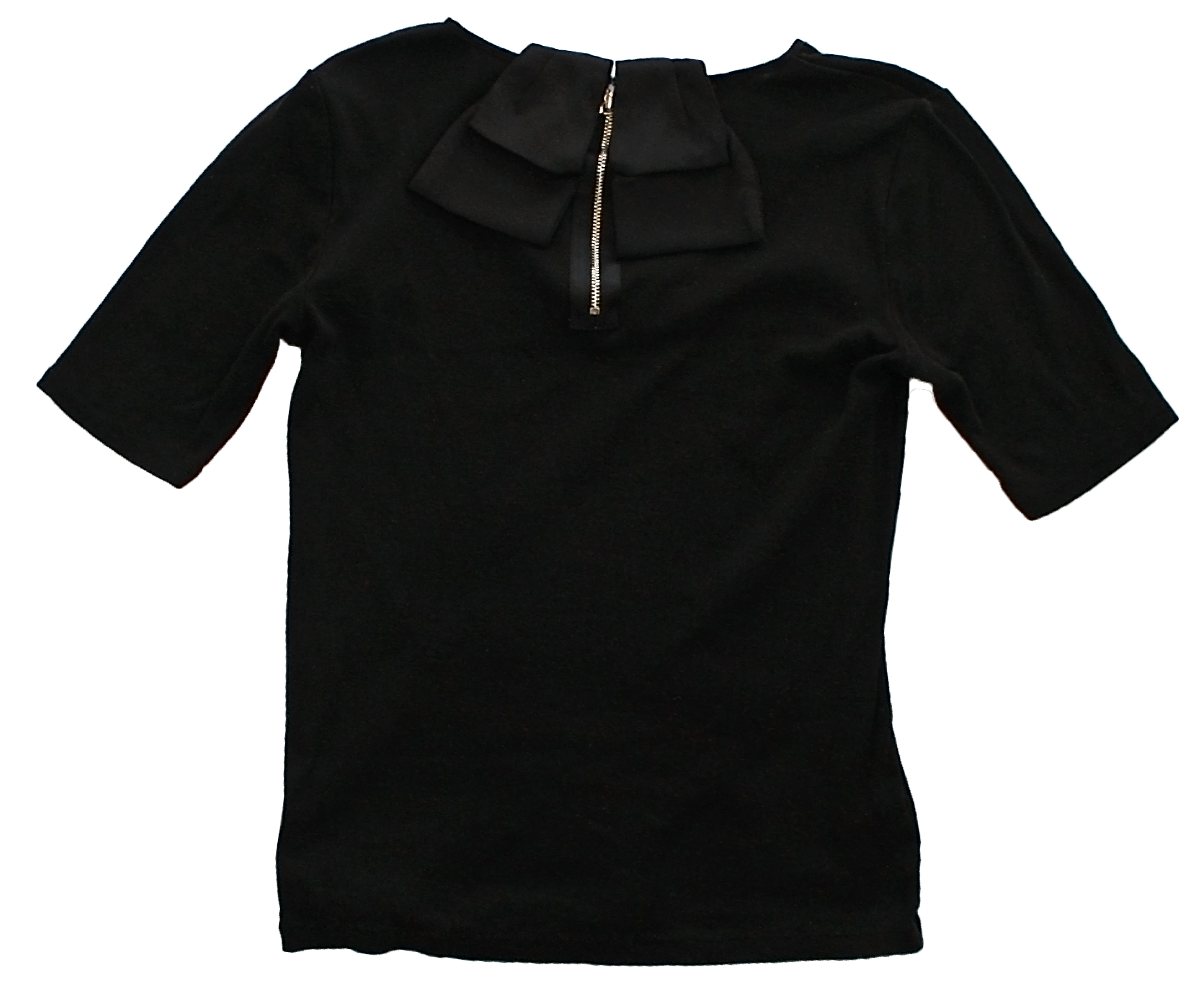 A black tee with a bow and zipper at the neck