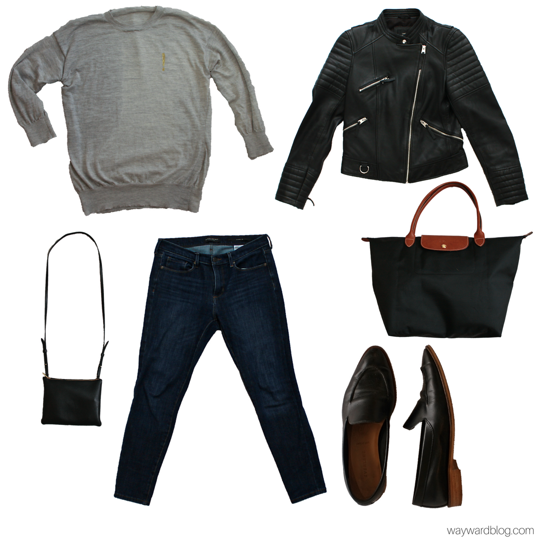 Collage: A grey sweater, blue denim, black jacket, purse, tote, and loafers