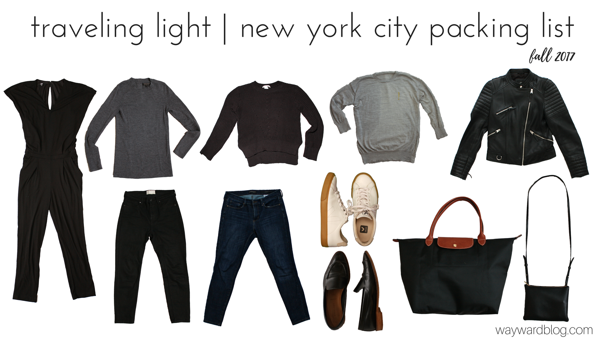 Collage of all items packed for New York City on a white background