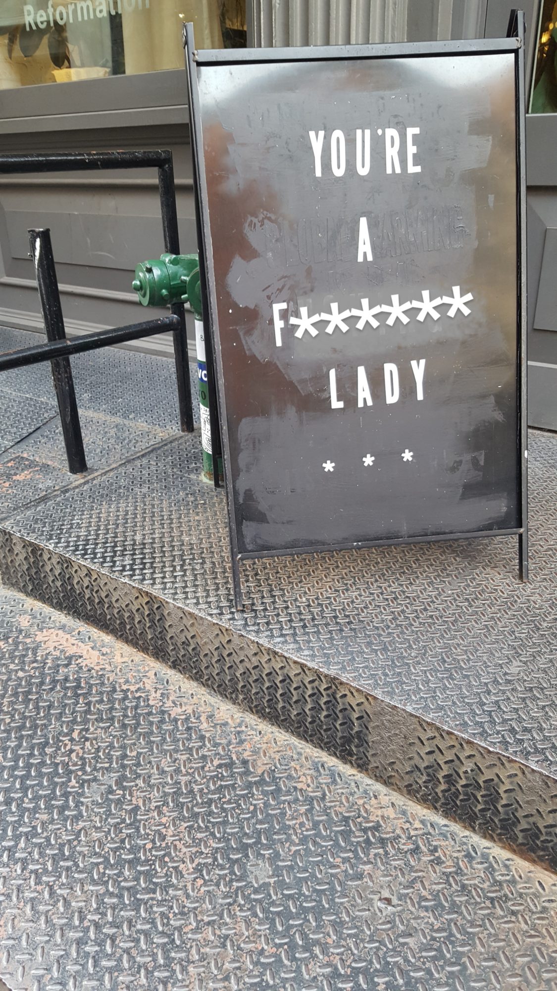 A sign that reads "You're a F****** Lady"