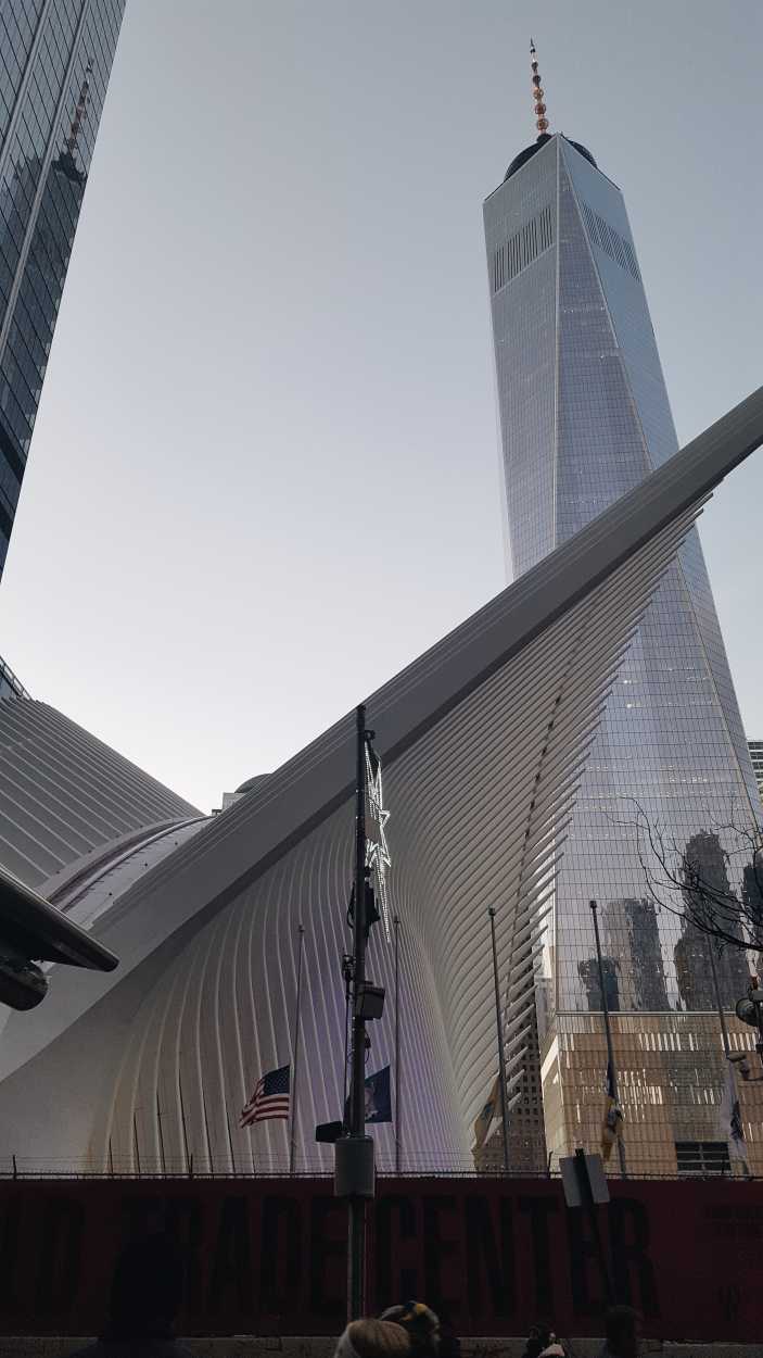 A photo including both The Oculus and One World Trade Center