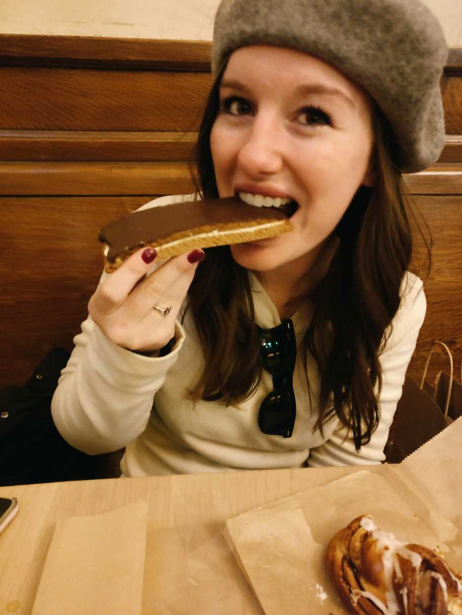 Alyssa eats a Danish honey heart in NYC