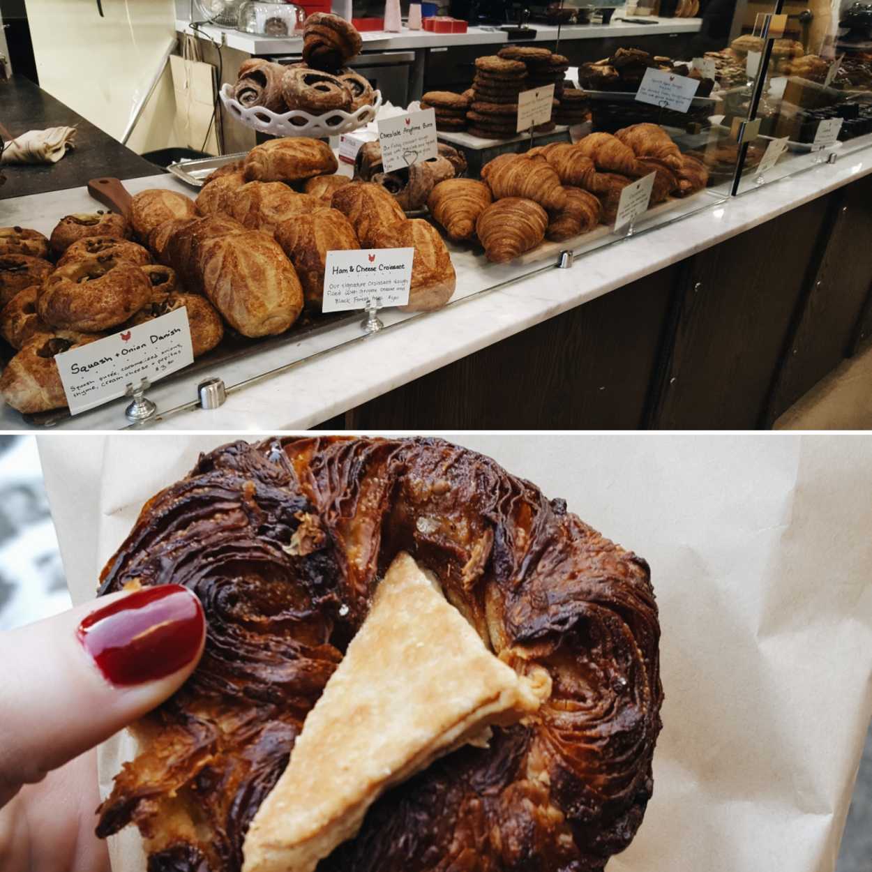 Pastries in the case at Ellie's bakery in Providence and a kouign amann