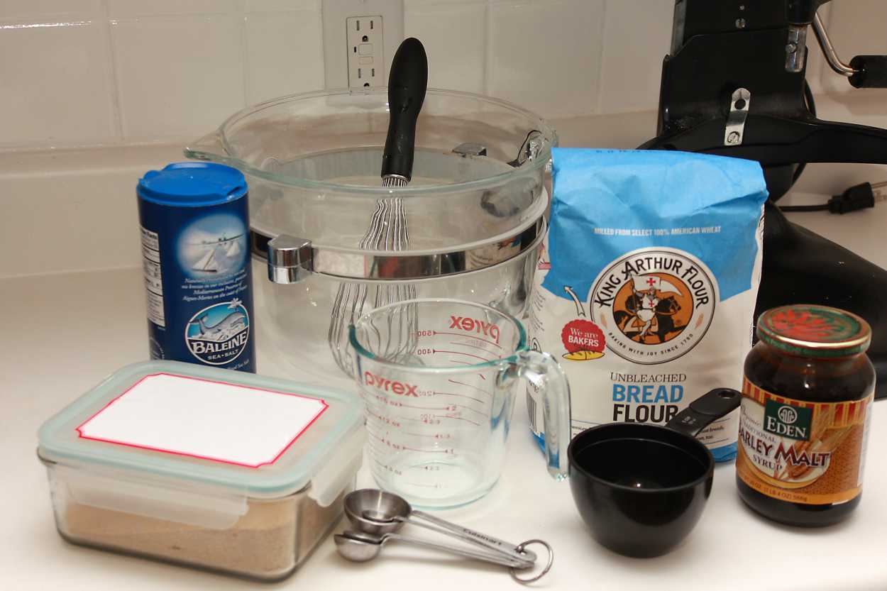 new york style bagel ingredients set on a counter: Flour, salt, yeast, and malt