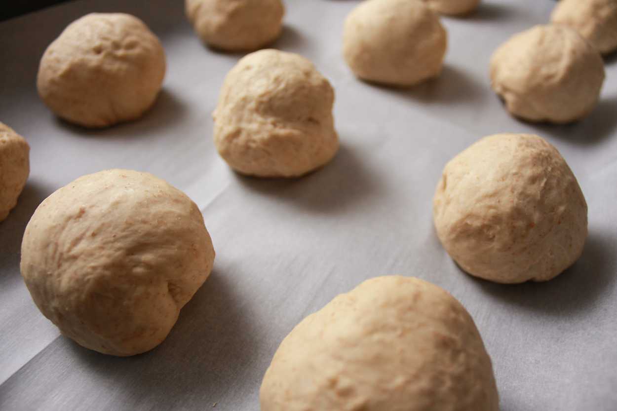 raw bagel dough sits in balls on a tray