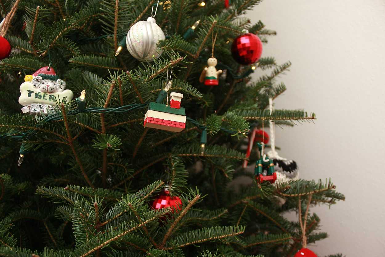A Christmas Tree with wooden ornaments