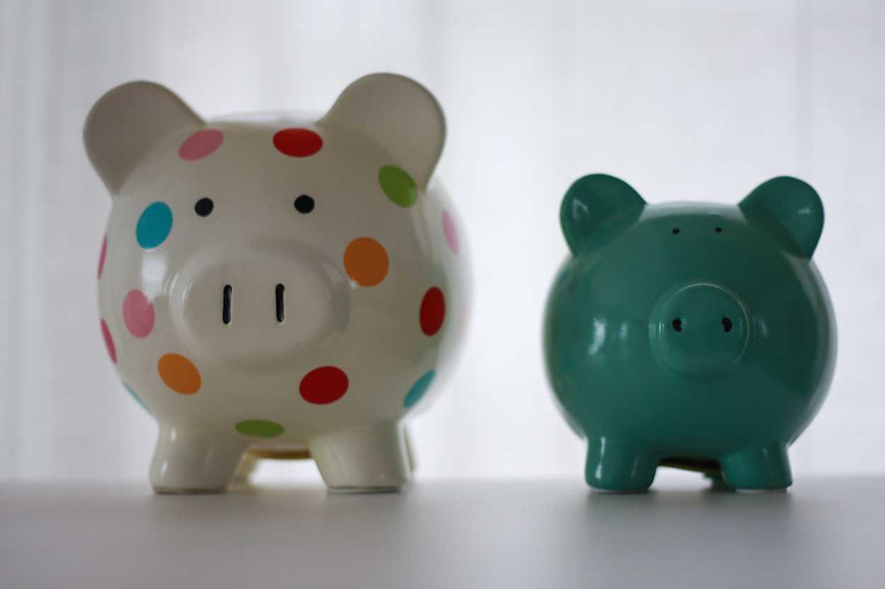 two piggy banks on a counter