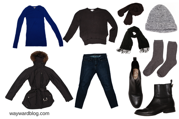 Collage: sweaters, jeans, boots, and coat