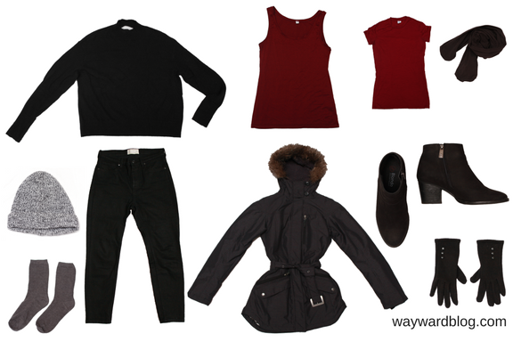 city touring snow travel outfit A collage of a winter sightseeing outfit with a turtleneck, jeans, and coat