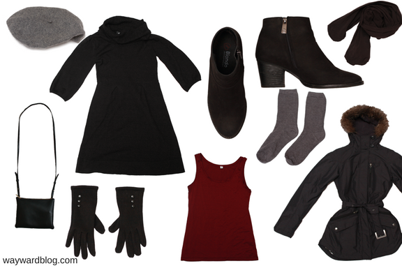 collage: dress, tights, boots, coats and beret for a dinner