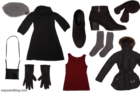 winter travel dinner outfit collage: dress, tights, boots, coats and beret for a dinner