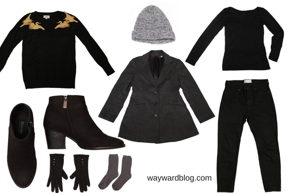 A crane sweater, black jeans, boots, and more winter clothing for the airplane