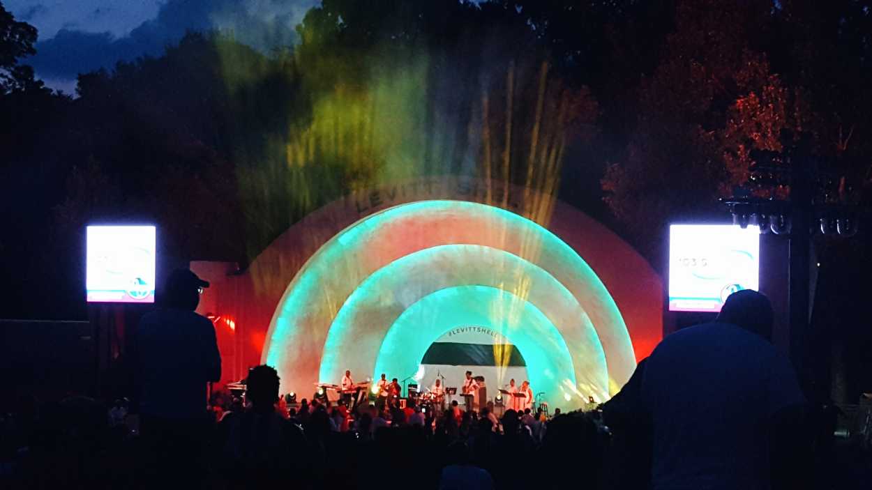 A crowd watches a band play at Levitt Shell in Memphis