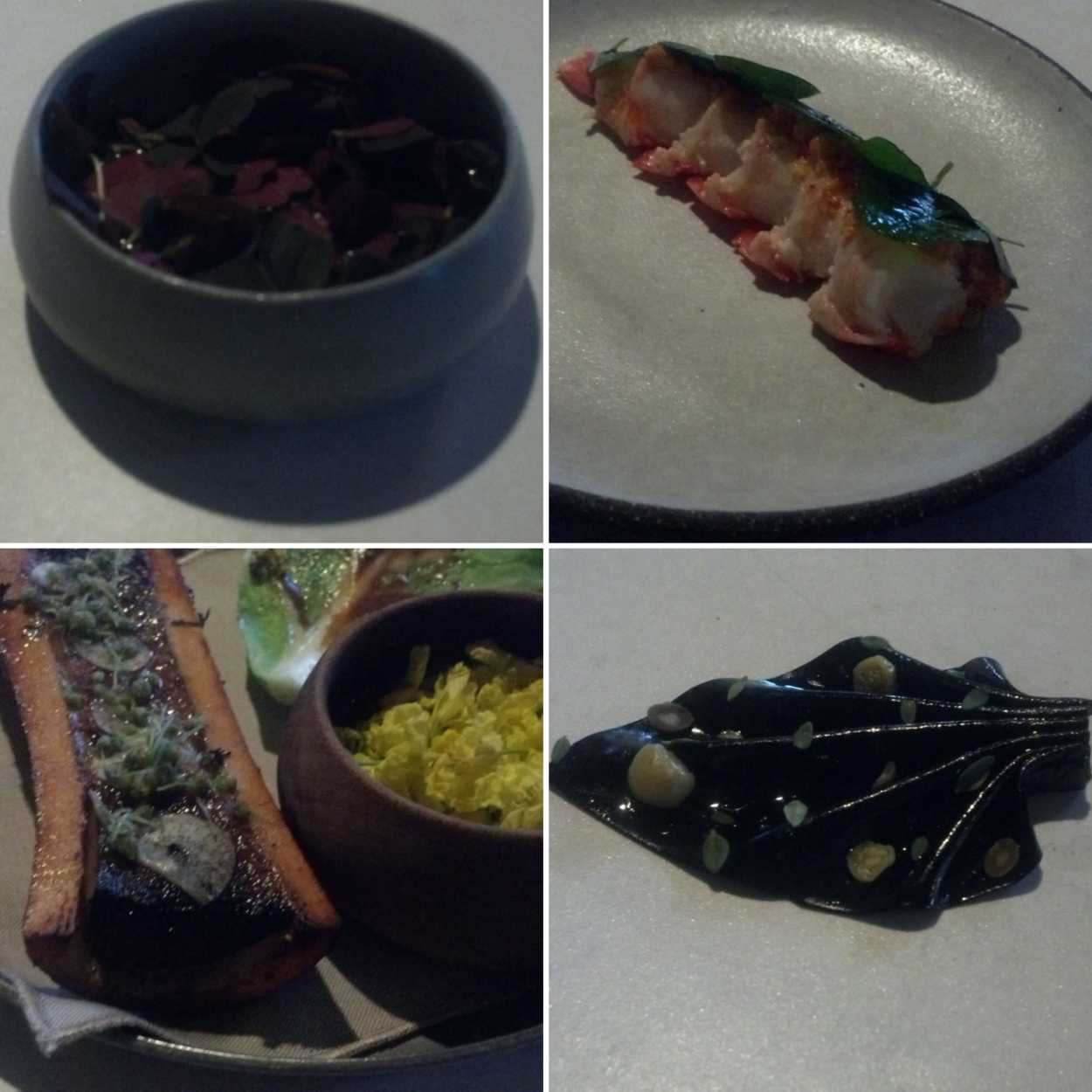 Four photos of dishes 13-15 at noma n Copenhagen