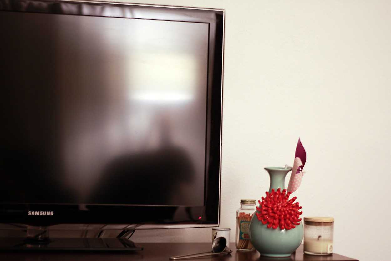 A television with a vase next to it