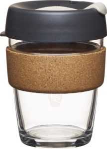 A glass travel coffee cup